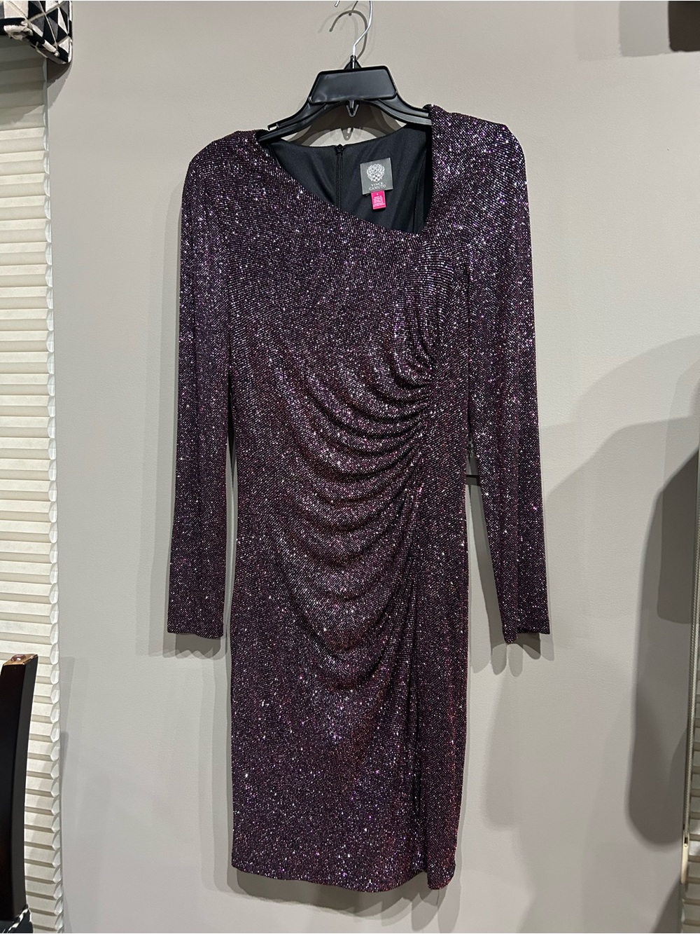 Vince Camuto Sparkle Ruched Long-Sleeve Dress in Deep Purple